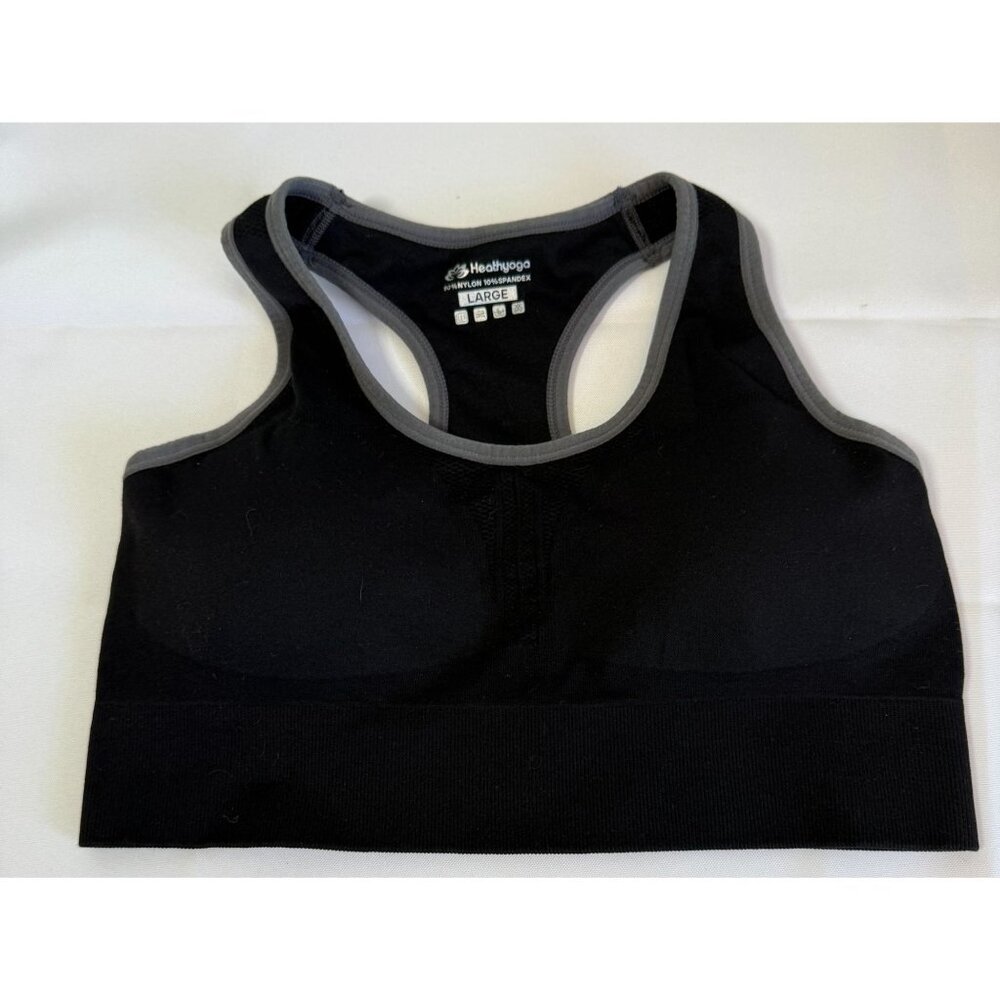 HealthYoga Women Sports Bra Large Black Removeable Pads Medium Impact Activewear